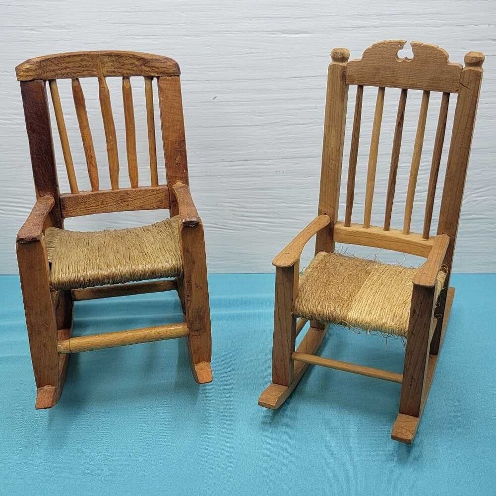 Vintage Wooden Rocking Chairs Miniature Dollhouse Decor Rustic Farmhouse 7 in